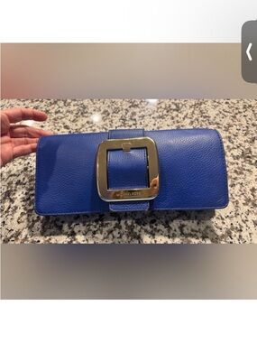 MK Blue Leather Clutch with Gold Buckle